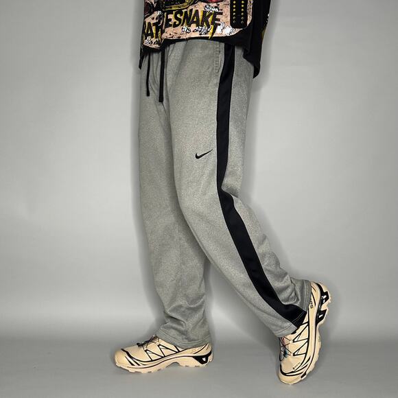 Nike Sweatpants Grey Polyester Black Swoosh Baggy Wide Leg Therma Fit